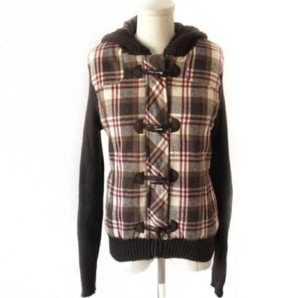 Say What Jacket XL Juniors Puffer Knit Hooded Plaid Ribbed Cozy Warm Toggle - Picture 1 of 8